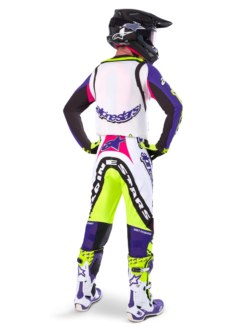 Conjunto Alpinestars Supertech SX Dirt Studios Branco/Roxo/Amarelo